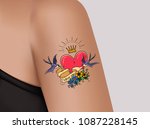 Tattoo on shoulder. Pink heart and gold crown.Two swallows fly and hold ribbon decorated with flowers. I LOVE YOU tattoo. Realistic illustration for tattoo parlor.Template for banner. Old school tattoo