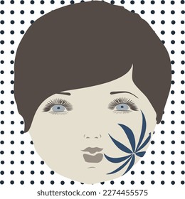  Tattoo on a young face. Light eyes and dark hair. Polka dots background symmetrical 