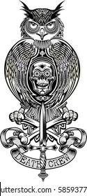 Tattoo owl and human skull with rose
