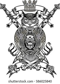 Tattoo owl and human skull with rose