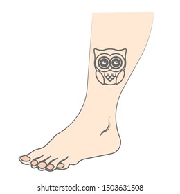 Tattoo owl on the leg. Illustration of tattoo design on the leg. Owl tattoo symbol of wisdom, meditation, thinking, mystic. Bird collection