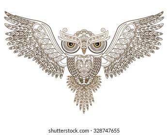 Tattoo. Owl with open wings and floral ornament on a white background. Vector illustration.