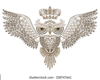 Tattoo. Owl with open wings and floral ornament and crown on his head on a white background. Vector illustration.