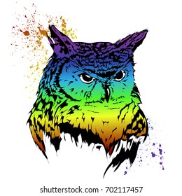 Tattoo owl in rainbow colors. Vector illustration