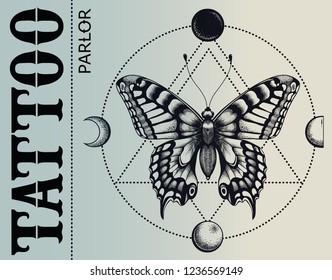 Tattoo parlor banner. Mistical butterfly is inscribed in circle of moon phases. Vector banner. Illustration for tattoo school and tattoo studio.