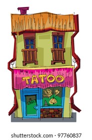 tattoo parlor facade - cartoon