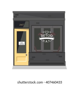Tattoo parlor facade,shop. Vector flat illustration. Isolated objects.