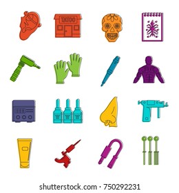 Tattoo parlor icons set. Doodle illustration of vector icons isolated on white background for any web design
