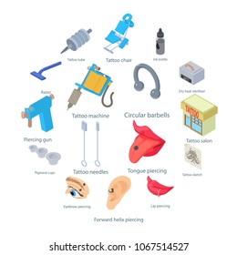 Tattoo parlor icons set. Isometric illustration of 16 tattoo parlor vector icons for web
