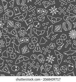 Tattoo pattern seamless. Tattoo icons background. Heart and dice. Spider web and skull. Jogila and the diamond. Dollar and Star