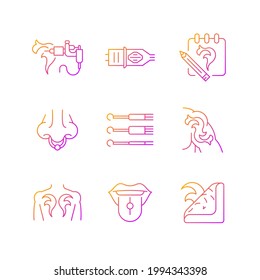 Tattoo and piercing instruments gradient linear vector icons set. Creating unique art works on human body. Thin line contour symbols bundle. Isolated vector outline illustrations collection