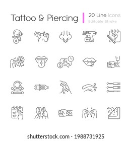 Tattoo and piercing linear icons set. Creating beautiful pictures on human skin. Professional tools. Customizable thin line contour symbols. Isolated vector outline illustrations. Editable stroke