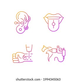 Iconos vectoriales lineales de gradiente de tatuaje y perforación de maestros. Lugar para poner joyas valiosas en la piel. Conjunto de símbolos de contorno de línea delgada. Colección de ilustraciones de esquemas vectoriales aislados