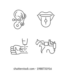 Tattoo and piercing masters linear icons set. Place to put jewellery into skin. Professional tool. Customizable thin line contour symbols. Isolated vector outline illustrations. Editable stroke