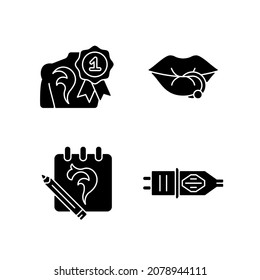 Tattoo and piercing salon black glyph icons set on white space. Professional equipment. Winning tattoo competition. Creating beautiful sketches. Silhouette symbols. Vector isolated illustration
