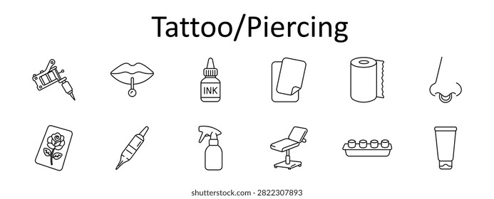 Tattoo piercing set icon. Machine, lip jewelry, pigment bottle, stencil sheet, tissue roll, nose ring, floral artwork, cartridge needle, disinfectant spray, adjustable chair, ink caps, healing cream