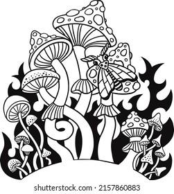 Tattoo with poisonous mushrooms fly moths and tribal ornaments on the background