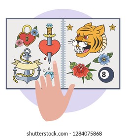 Tattoo portfolio set. Collection of vintage retro art in the book. Old school tattoo. Isolated flat vector illustration
