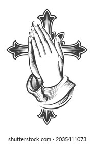 Tattoo of Praying Hands against Cross isolated on white. Vector illustration.