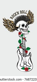 Tattoo punk skull and wild rose guitar graphic design vector art