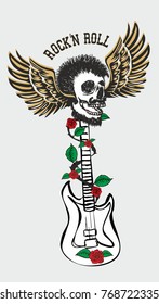Tattoo punk skull and wild rose guitar graphic design vector art