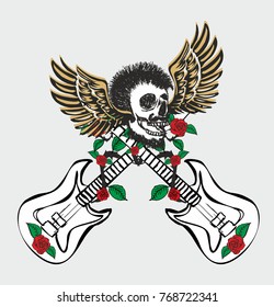 Tattoo punk skull and wild rose guitar graphic design vector art