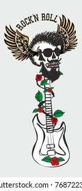 Tattoo punk skull and wild rose guitar graphic design vector art