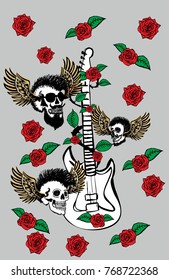 Tattoo punk skull and wild rose guitar graphic design vector art