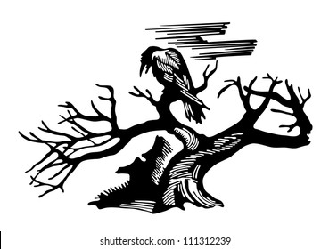Tattoo of a raven sitting on a tree