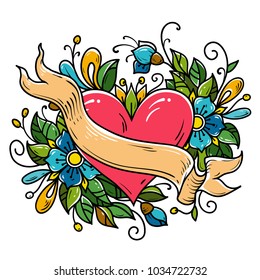 Tattoo red heart decorated ribbon, blue flowers, leaves, curls. Holiday illustration for Valentines Day. Old school tattoo.