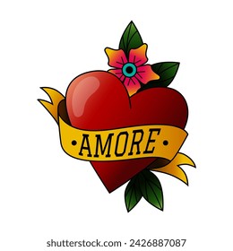 Tattoo red heart. Love symbol. Body ink print. Old school sticker. Ribbon and flowers. American art vintage style. Blossoms with leaves. Painted romantic sketch. Amour patch. Vector tattooing element