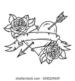 Tattoo Red Heart pierced by arrow with ribbon and roses. Symbol of Love and Passion. Old school style. Engraving style. Black and white tattoo