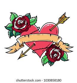 Tattoo Red Heart pierced by arrow with ribbon and roses. Symbol of Love and Passion. Old school style. E