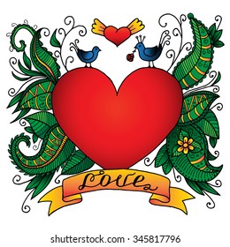 Tattoo with red heart and two birds, vector illustration