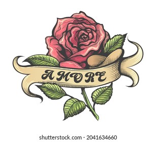 Tattoo of Red Rose and Banner with Italian Lettering Amore what means Love isolated on white. Vector illustration.