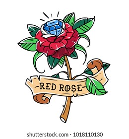 Tattoo red rose with blue gem inside. Passion love. Brilliant. Symbol of love. Rose is wrapped in ribbon. Old School style