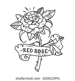 Tattoo red rose with blue gem inside. Passion love. Brilliant. Symbol of love. Rose is wrapped in ribbon. Old School style. Black and white illustration