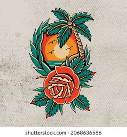 tattoo red rose flower and tree palm vector design