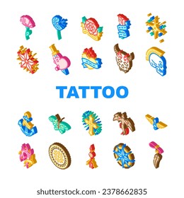 tattoo retro vintage icons set vector. heart, fashion rose, font old school, traditional flame, hand gothic, swallow tattoo retro vintage isometric sign illustrations