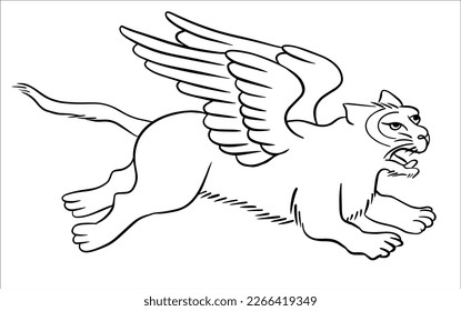 Tattoo. Roaring and flying Tiger with wings. Stylized digital drawing of animal. Black line art on white background. Vector EPS10. 