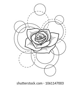 Tattoo with rose and circles on white background