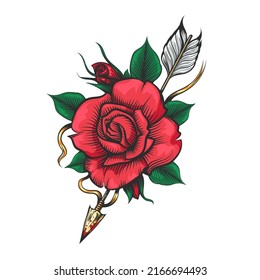 Tattoo of Rose Flower and Arrow. Love theme illustration isolated on white background. Vector illustration.