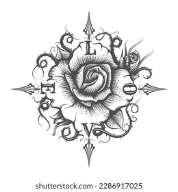 Tattoo of Rose Flower with Thorns and Letters LOVE isolated on white background. Vector illustration.