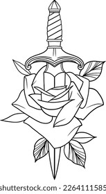 Tattoo rose with knife, Hand drawn illustration sketch with dagger and rose. 