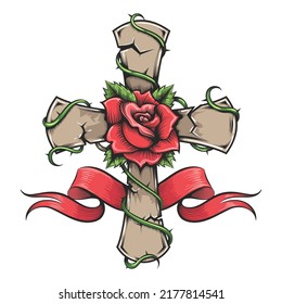 Tattoo of Rose on Stone Cross and Ribbon Vector illustration.