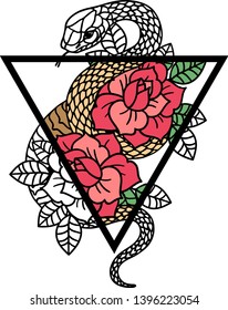 Tattoo with rose and snake with sacred geometry frame. Roses Isolated vector illustration. Traditional Tattoo Old School Tattooing Style Ink. Snake silhouette illustration. Black serpent.
