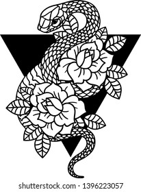 Tattoo with rose and snake with sacred geometry frame. Roses Isolated vector illustration. Traditional Tattoo Old School Tattooing Style Ink. Snake silhouette illustration. Black serpent.