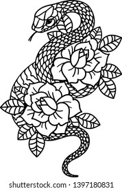 Tattoo with rose and snake with sacred geometry frame. Roses Isolated vector illustration. Traditional Tattoo Old School Tattooing Style Ink. Snake silhouette illustration. Black serpent.