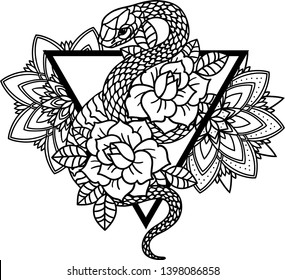 Tattoo with rose and snake with sacred geometry frame. Roses and Mandala Isolated vector illustration. Traditional Tattoo Old School Tattooing Style Ink. Snake silhouette illustration. Black serpent.