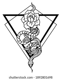 Tattoo with rose and snake with sacred geometry frame. Roses Isolated vector illustration. Traditional Tattoo Old School Tattooing Style Ink. Snake silhouette illustration. Black serpent.